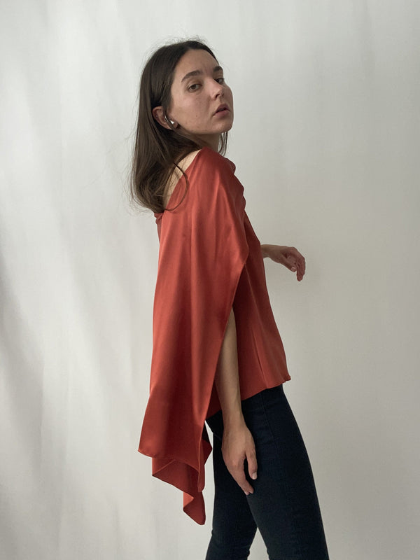 Silk charmeuse asymmetrical top -Burnt orange/terracotta - Ludmila Couture